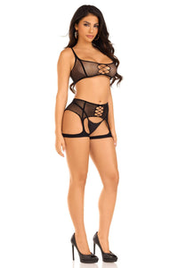2 Piece Fishnet Bra Top & Garter Harness-Lingerie Sets-SEXYSHOES.COM