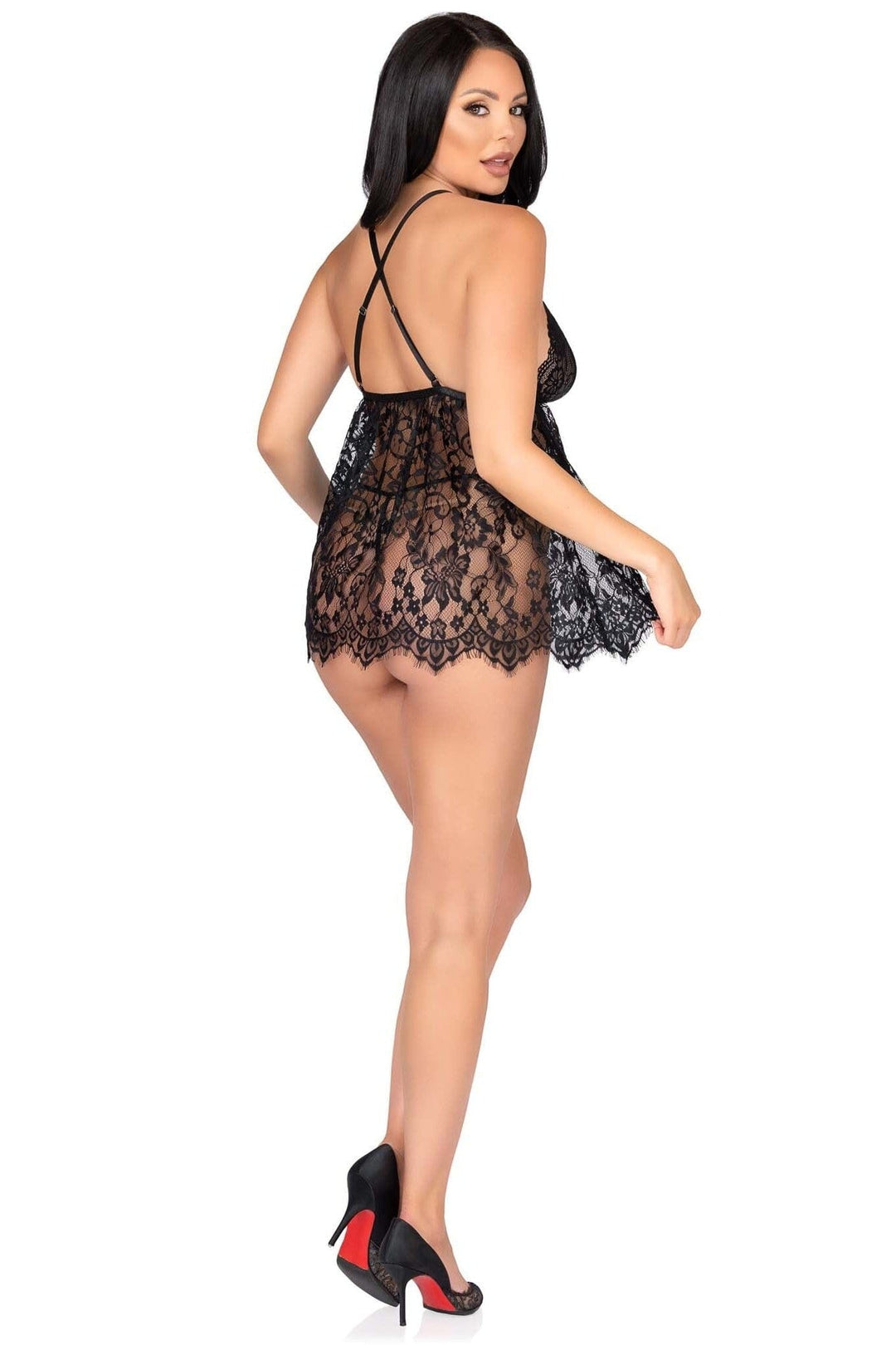 2 Piece Floarl Lace Babydoll, Scalloped Hem W/Cross-Over Straps-Babydolls-SEXYSHOES.COM