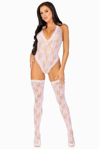Leg Avenue 2 Piece Floral Lace Deep V Teddy And Matching Stockings in White  from SexyShoes.com