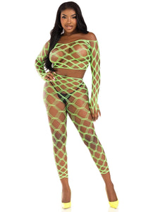 Leg Avenue 2 Piece Hardcore Net Crop Top And Footless Tights in Green  from SexyShoes.com