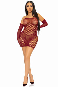2 Piece Hardcore Net Tube Dress W/Lace Accent & Matching Gloves-Stripper Dresses-SEXYSHOES.COM