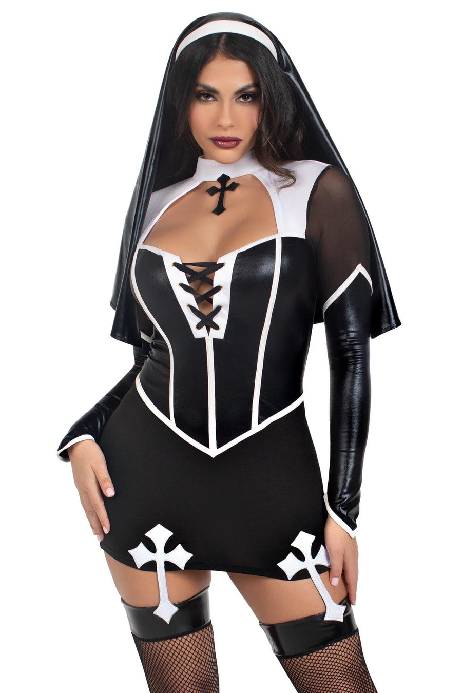 Leg Avenue 2 Piece Holy Hottie Boned Garter Dress, Nun Habit in Black 