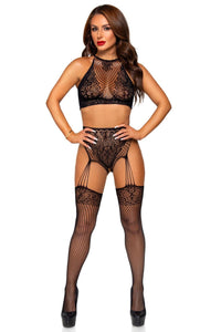 2 Piece Lace & Net Halter Crop Top Lingerie Set W/Stockings-Lingerie Sets-SEXYSHOES.COM