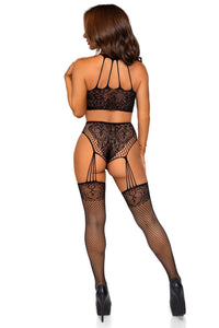 2 Piece Lace & Net Halter Crop Top Lingerie Set W/Stockings-Lingerie Sets-SEXYSHOES.COM