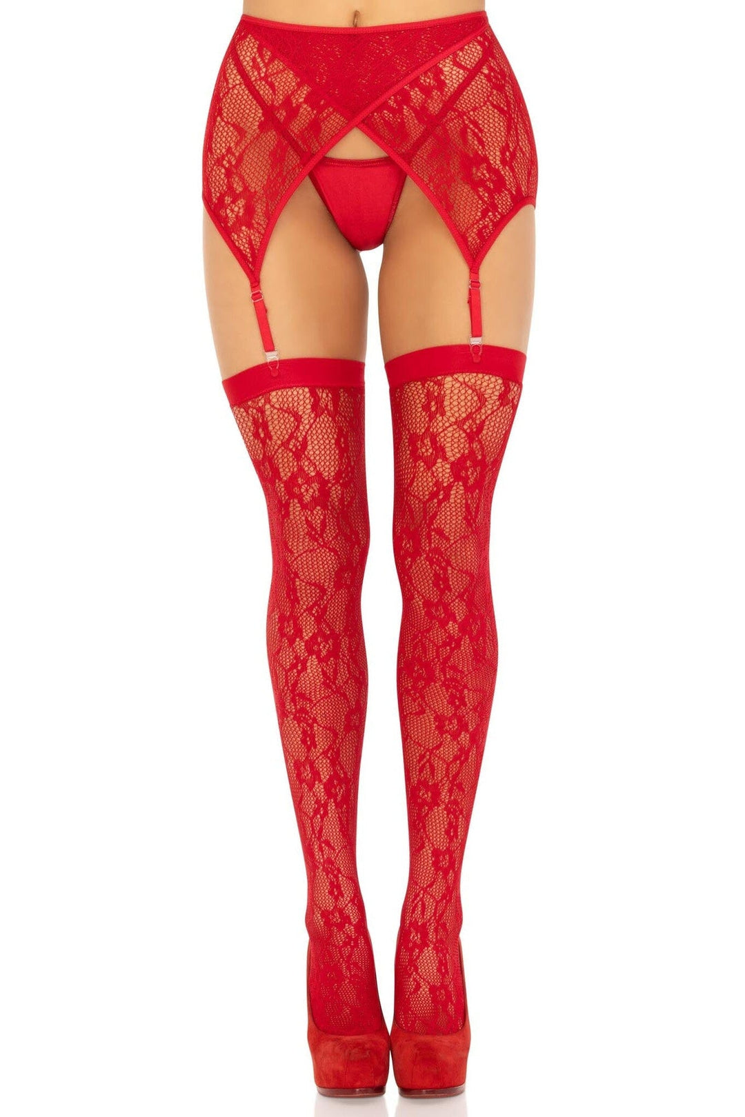 Leg Avenue 2 Piece Lace Thigh High And Crossover Garter Belt in Red  from SexyShoes.com