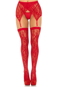 Leg Avenue 2 Piece Lace Thigh High And Crossover Garter Belt in Red  from SexyShoes.com