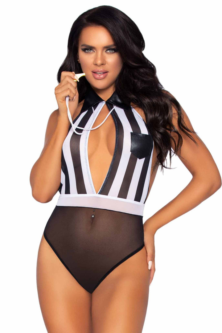 2 Piece Naughty Bedroom Ref, Crotchless Keyhole Striped Teddy & Whistle