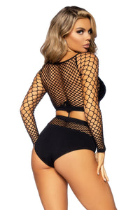 2 Piece Net Long Sleeved Crop Top Matching High Waist Opaque Bottom Set-Lingerie Sets-SEXYSHOES.COM