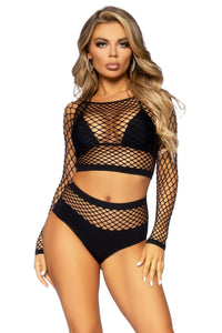 2 Piece Net Long Sleeved Crop Top Matching High Waist Opaque Bottom Set-Lingerie Sets-SEXYSHOES.COM