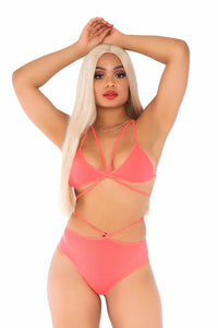 2 Piece Opaque Cage Strap Bra Top And Strappy Brazilian Briefs-Lingerie Sets-SEXYSHOES.COM