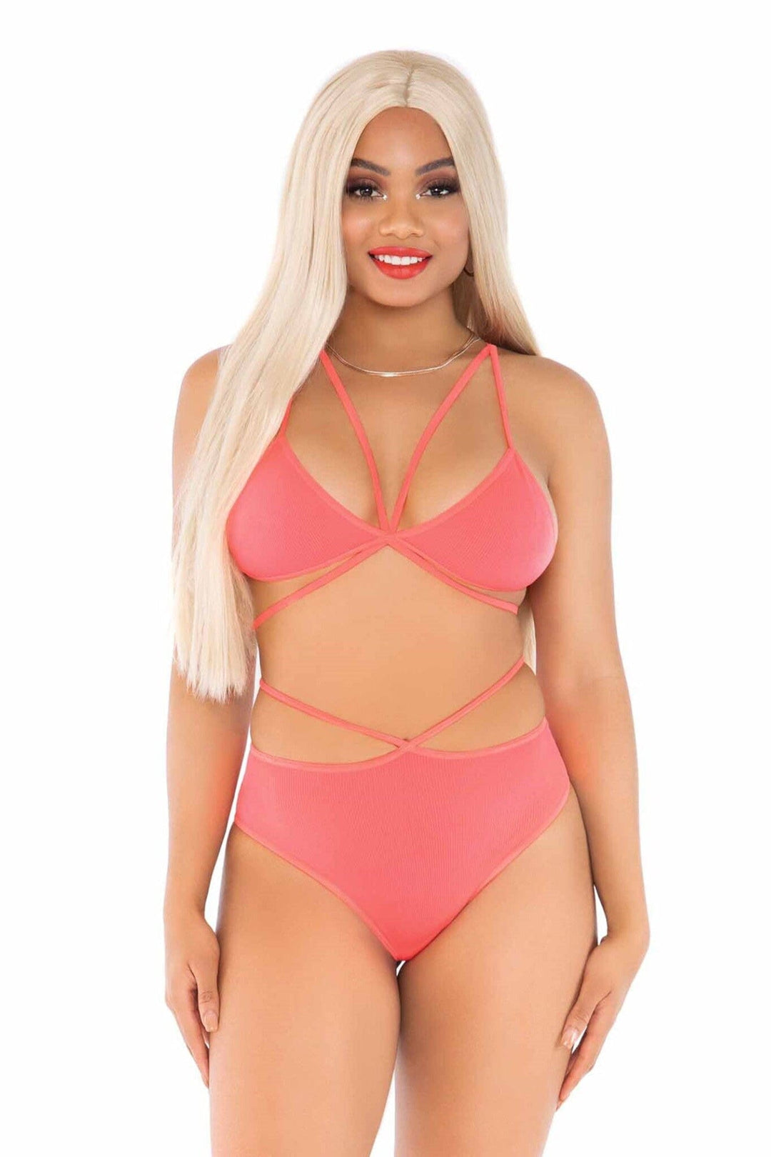 Leg Avenue 2 Piece Opaque Cage Strap Bra Top And Strappy Brazilian Briefs in Orange  from SexyShoes.com