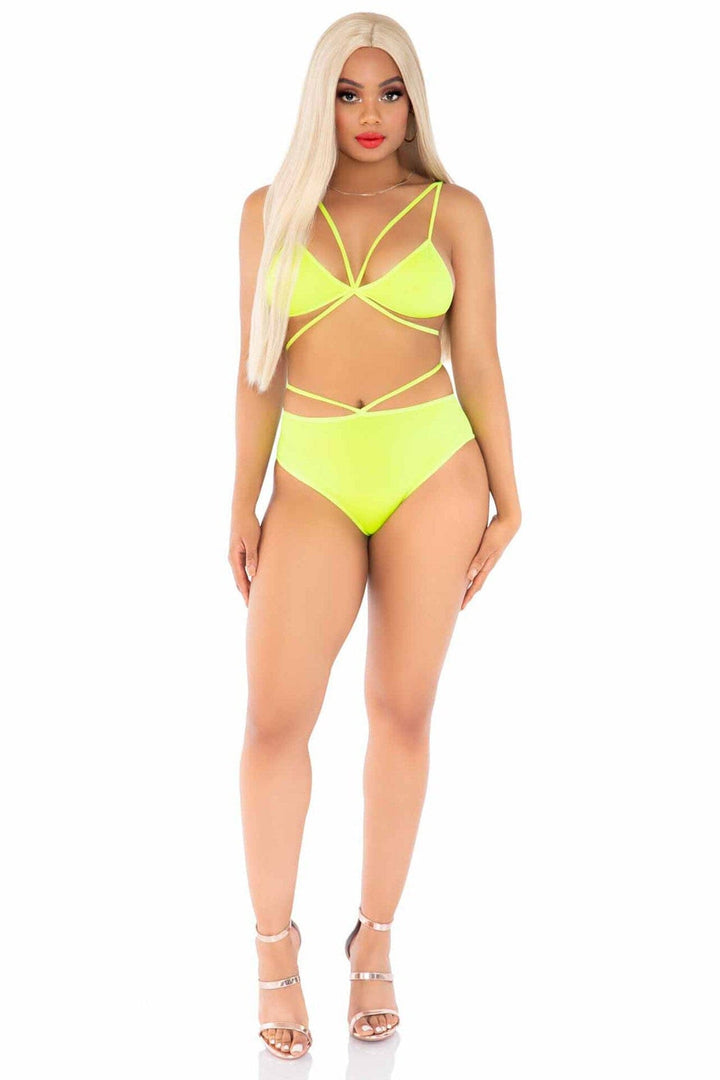 2 Piece Opaque Cage Strap Bra Top And Strappy Brazilian Briefs
