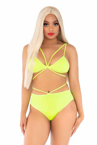 Leg Avenue 2 Piece Opaque Cage Strap Bra Top And Strappy Brazilian Briefs in Yellow  from SexyShoes.com