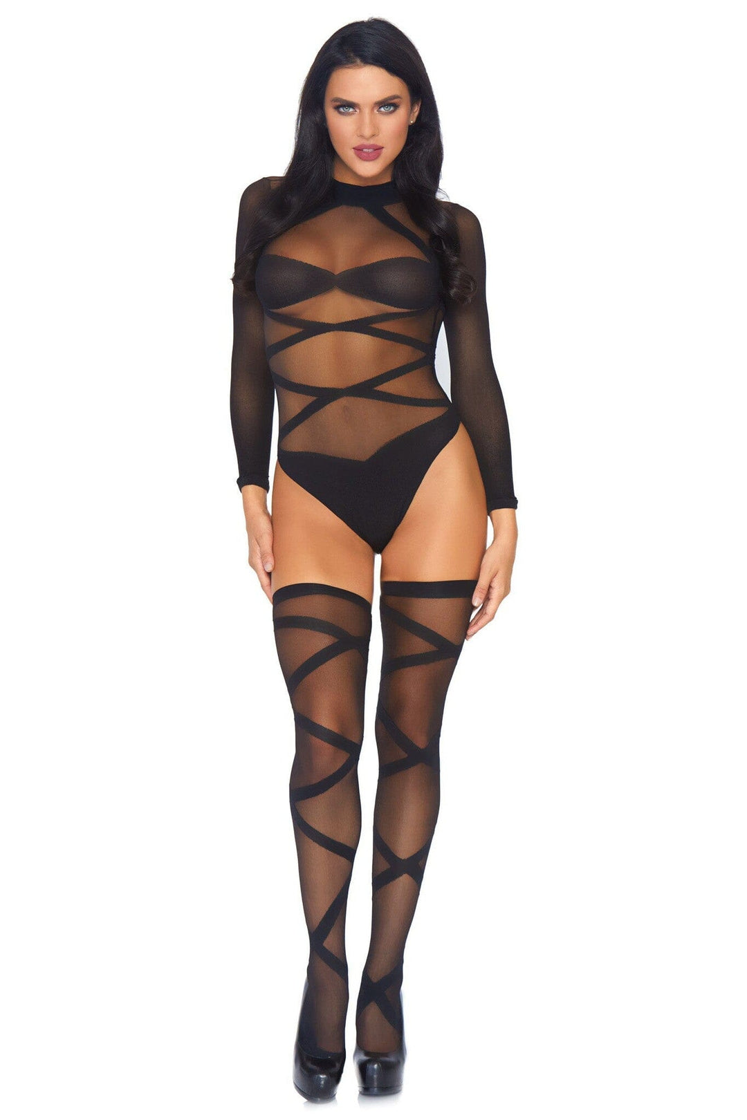 2 Piece Opaque Sheer Criss Cross Body Suit Set-Bodysuits-SEXYSHOES.COM