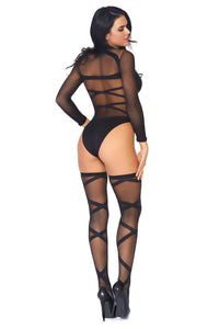 2 Piece Opaque Sheer Criss Cross Body Suit Set-Bodysuits-SEXYSHOES.COM