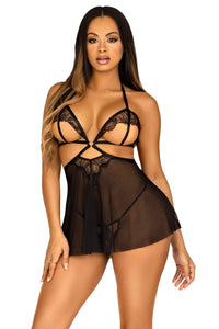 Leg Avenue 2 Piece Open Cup Eyelash Lace Babydoll, Heart Ring Set in Black 