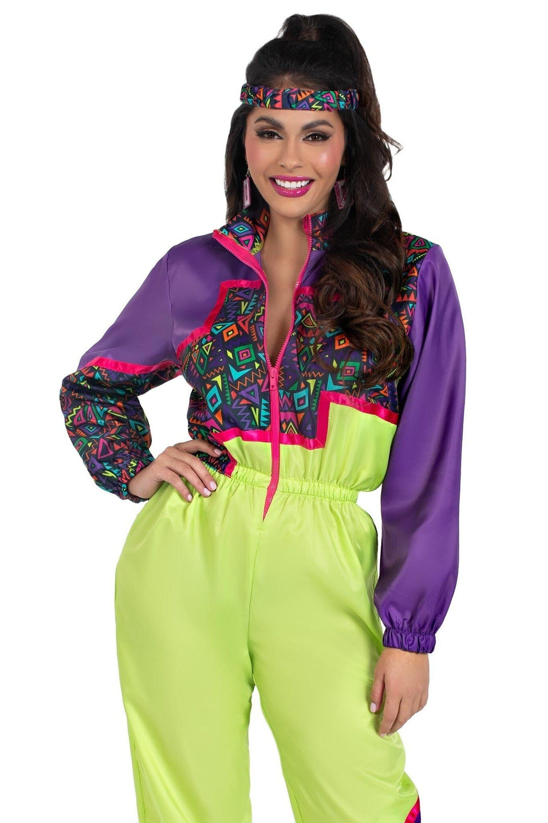 Leg Avenue 2 Piece Rad 80S Tracksuit, Includes Zip Up Tracksuit & Headband in Multi 