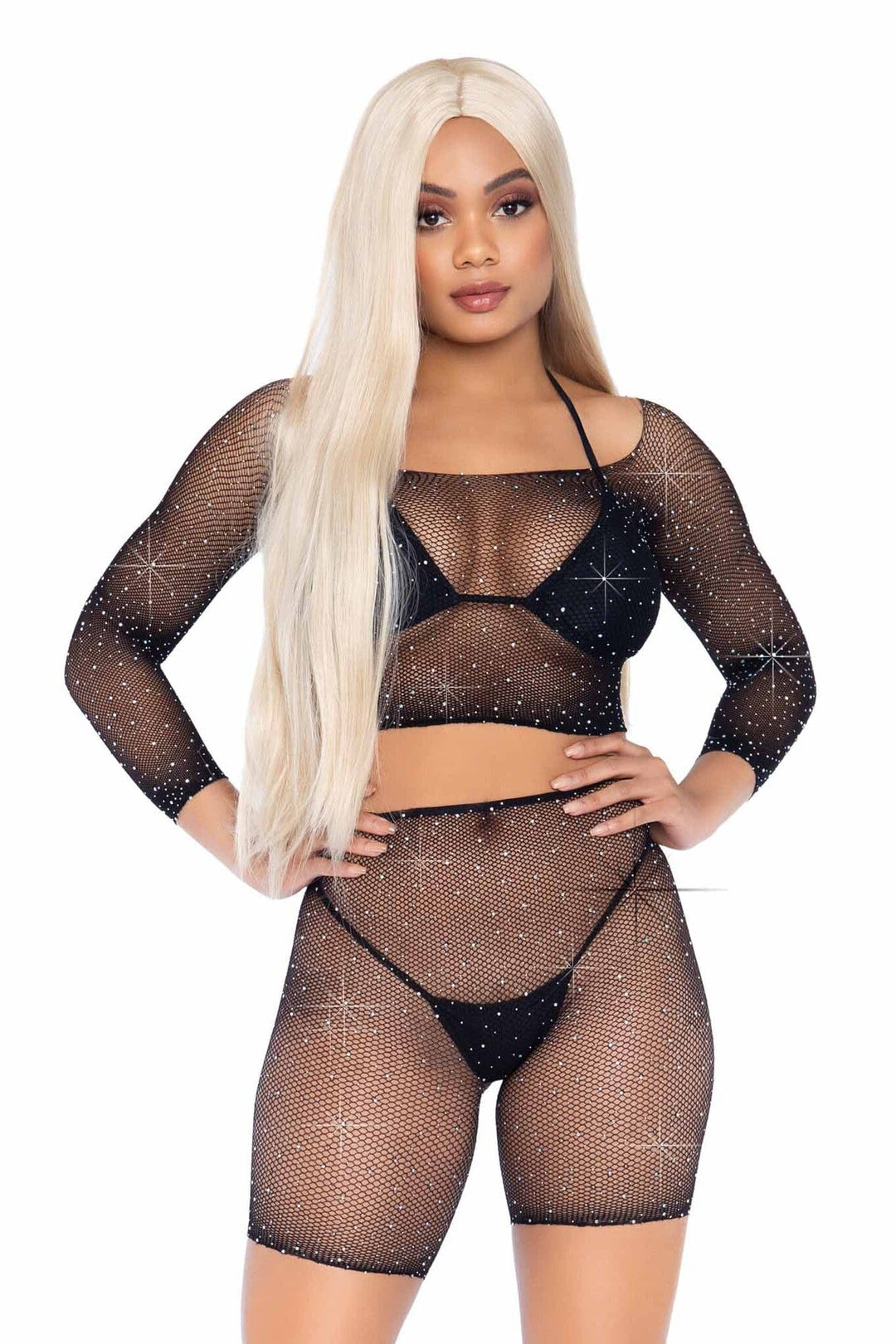 2 Piece Rhinestone Fishnet Long Sleeve Crop Top & Biker Shorts-Lingerie Sets-SEXYSHOES.COM