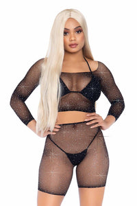 2 Piece Rhinestone Fishnet Long Sleeve Crop Top & Biker Shorts-Lingerie Sets-SEXYSHOES.COM