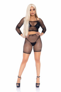 2 Piece Rhinestone Fishnet Long Sleeve Crop Top & Biker Shorts-Lingerie Sets-SEXYSHOES.COM