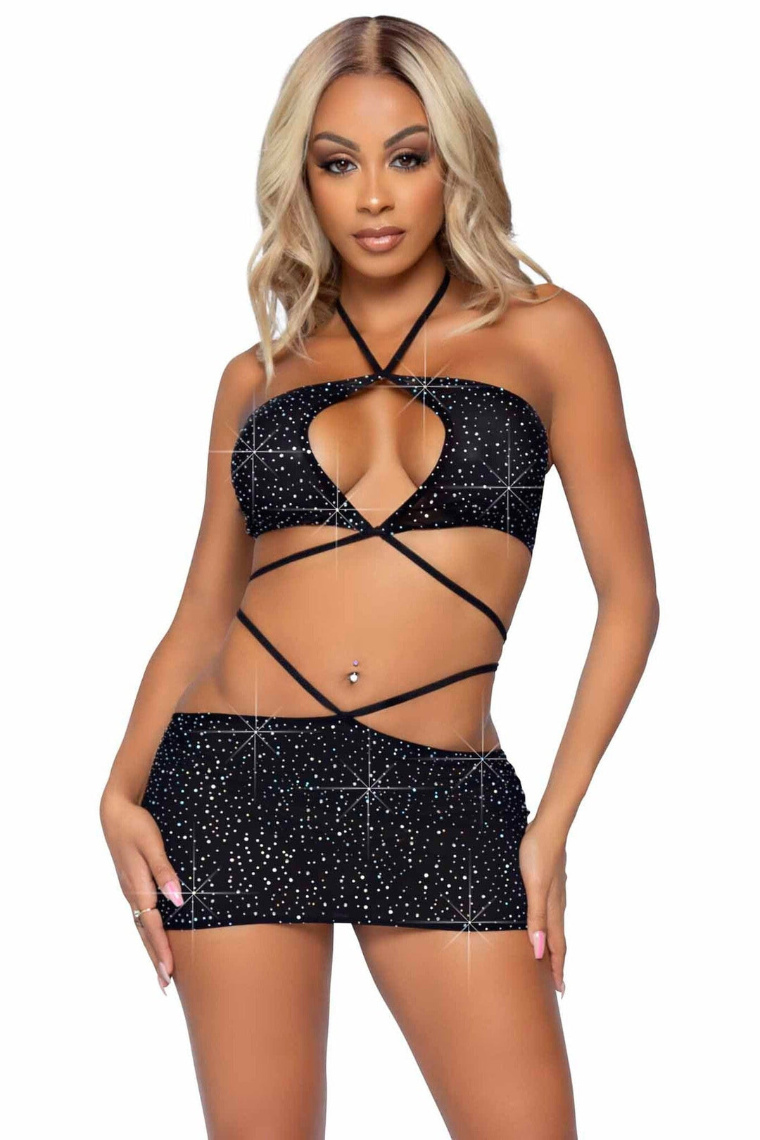 Leg Avenue 2 Piece Rhinestone Keyhole Bandeau Top, Low Rise Skirt Set in Black 