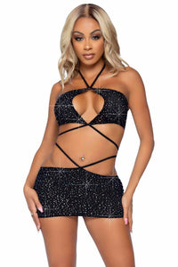 Leg Avenue 2 Piece Rhinestone Keyhole Bandeau Top, Low Rise Skirt Set in Black 