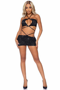 2 Piece Rhinestone Keyhole Bandeau Top, Low Rise Skirt Set-Stripper Dresses-SEXYSHOES.COM