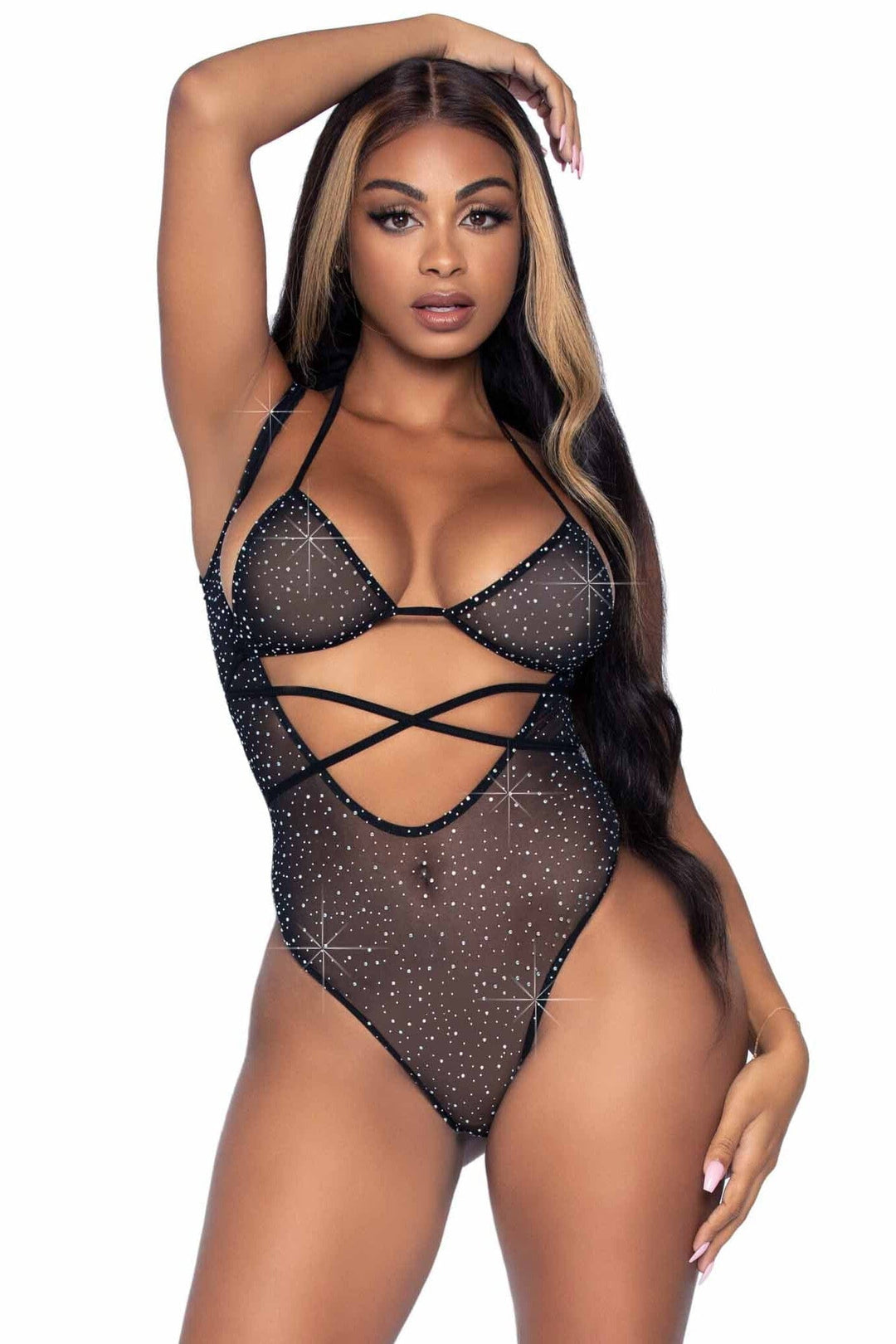 Leg Avenue 2 Piece Rhinestone Mesh Wrap Around Bikini Top & Suspender Bodysuit in Black  from SexyShoes.com