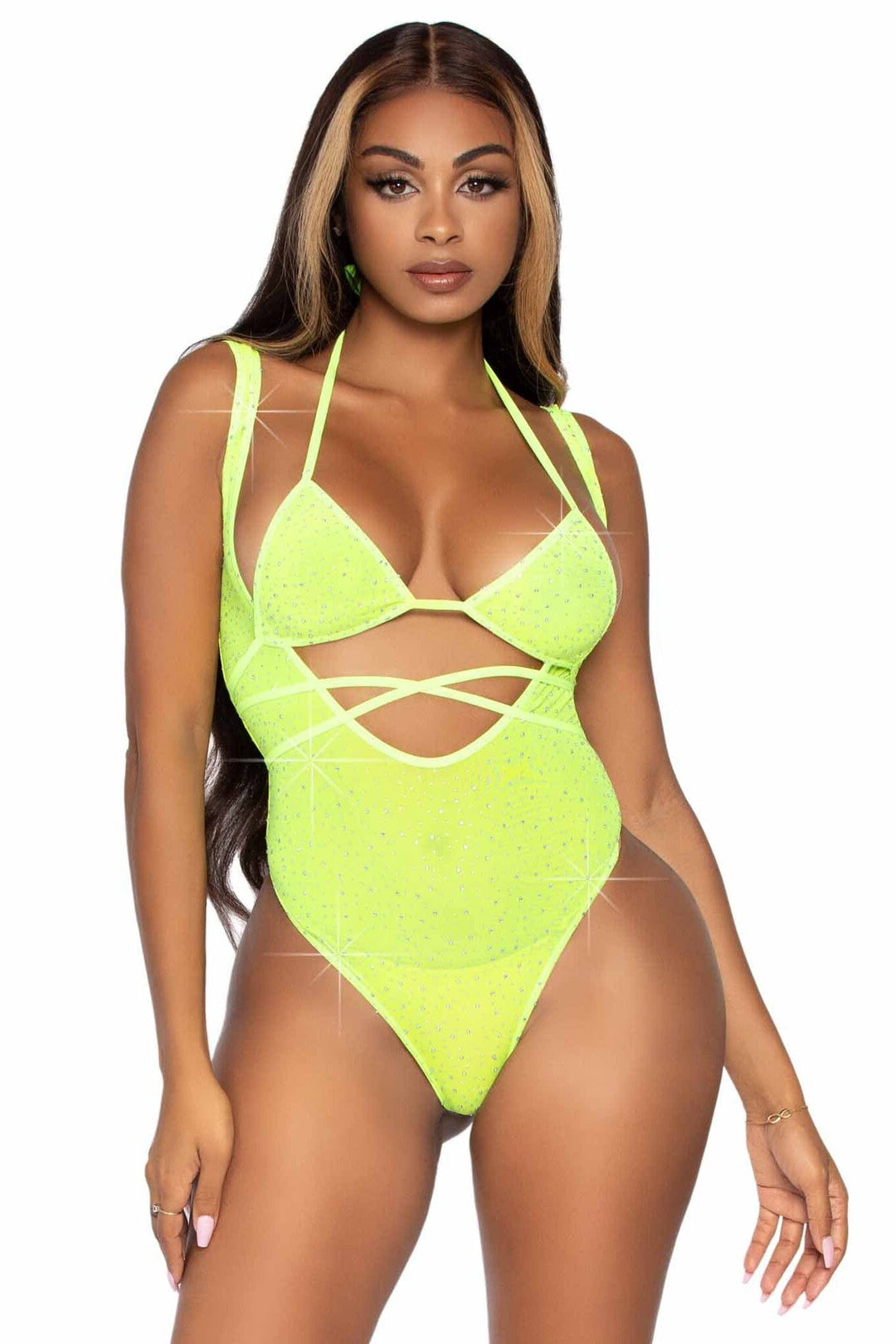 Leg Avenue 2 Piece Rhinestone Mesh Wrap Around Bikini Top & Suspender Bodysuit in Yellow  from SexyShoes.com