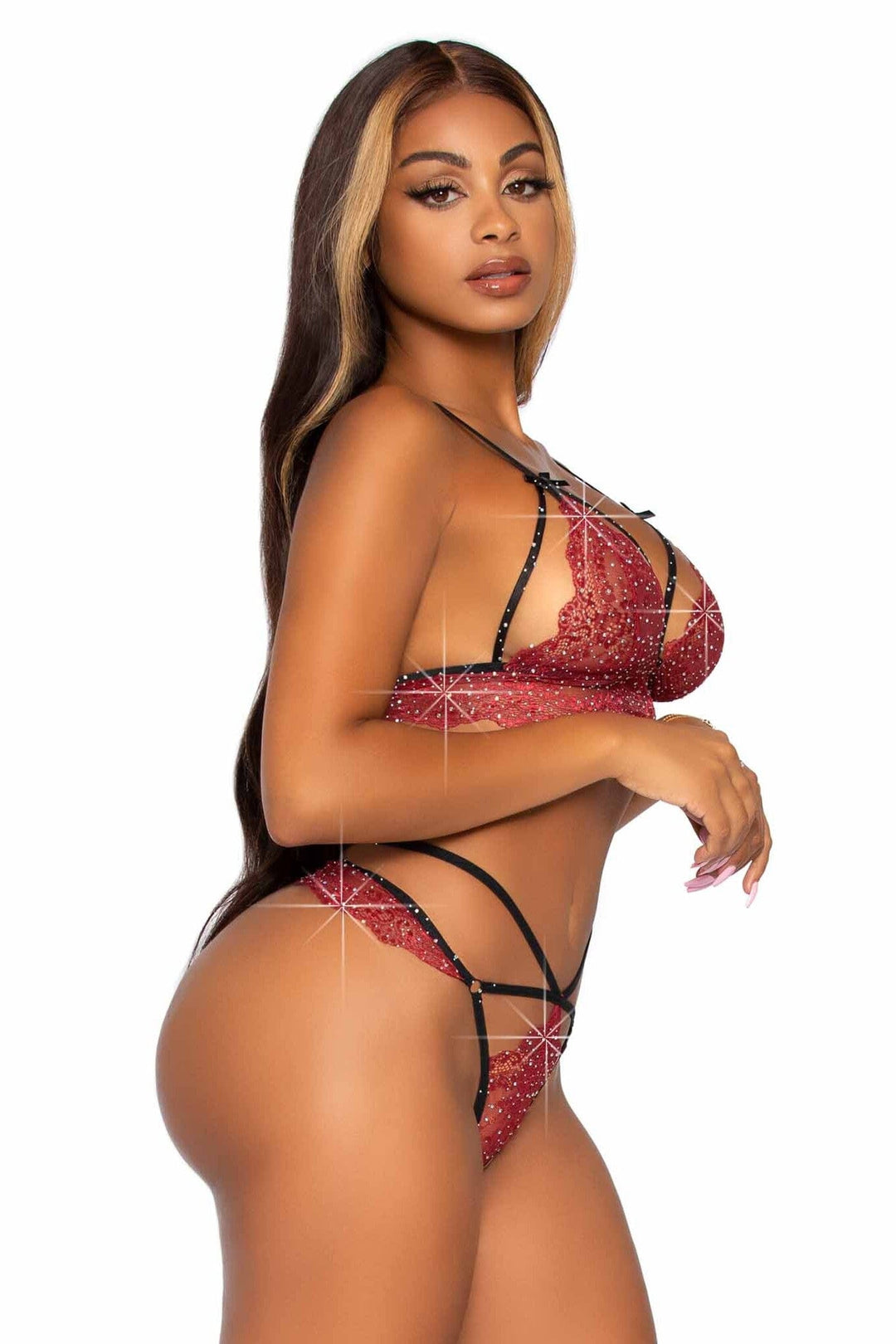 Leg Avenue 2 Piece Scalloped Lace Rhinestone Bralette Set With Matching G String in Burgundy 
