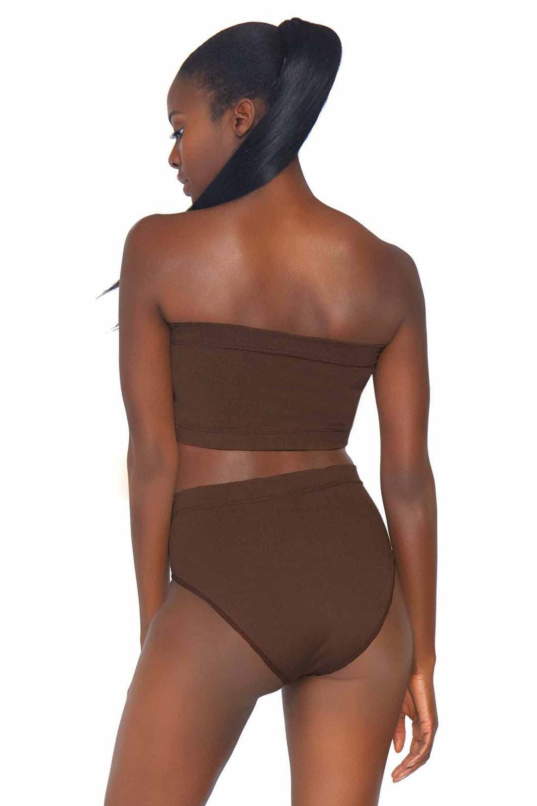 Leg Avenue 2 Piece Seamless Opaque Microfiber Ribbed Bandeau Top & High Waist Brief in Brown 