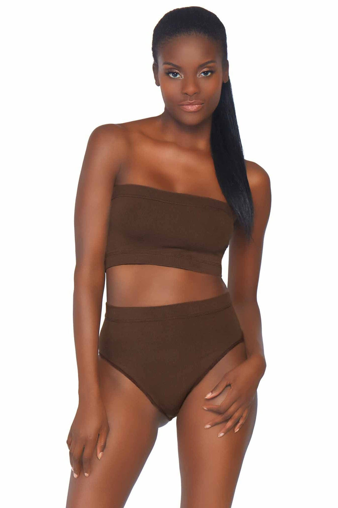 2 Piece Seamless Opaque Microfiber Ribbed Bandeau Top & High Waist Brief-Shapewear-SEXYSHOES.COM