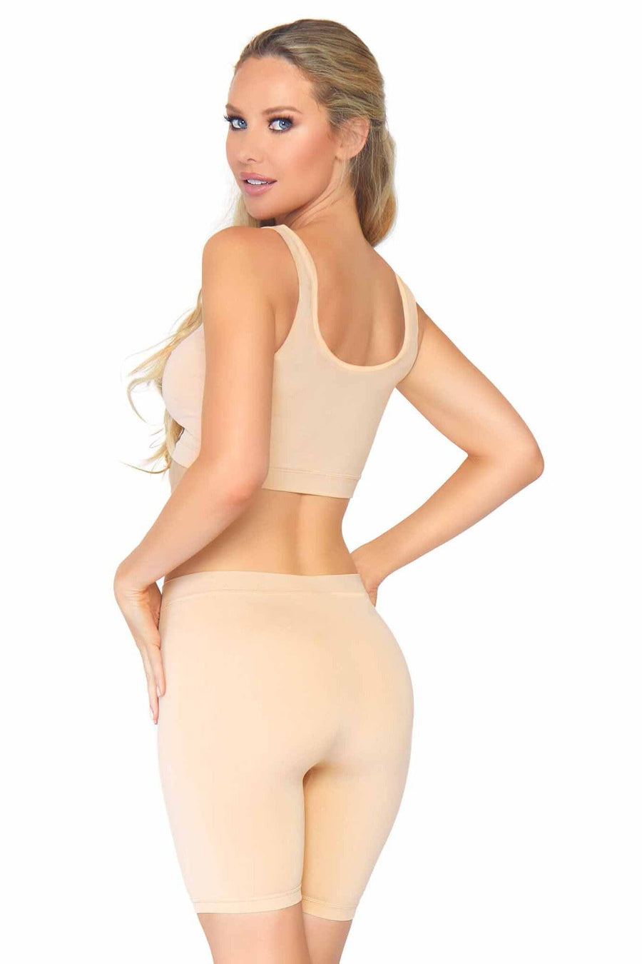 Leg Avenue 2 Piece Seamless Opaque Spandex Crop Tank And Bike Shorts in Nude 