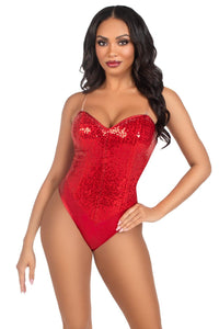 Leg Avenue 2 Piece Snap Crotch Bodysuit With Sequin & Detachable Clear Straps in Red  from SexyShoes.com