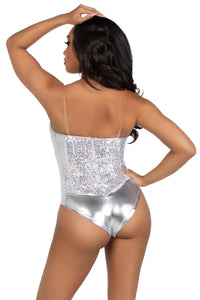 Leg Avenue 2 Piece Snap Crotch Bodysuit With Sequin & Detachable Clear Straps in Silver 