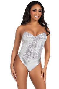 Leg Avenue 2 Piece Snap Crotch Bodysuit With Sequin & Detachable Clear Straps in Silver 