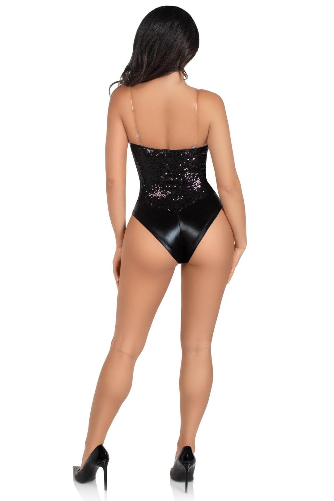 2 Piece Snap Crotch Bodysuit With Sequin & Detachable Clear Straps-Bodysuits-SEXYSHOES.COM