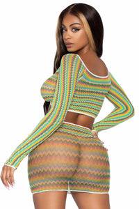 2 Piece Zigzag Net Gauntlet Sleeve Crop Top & Mini Skirt Set-Lingerie Sets-SEXYSHOES.COM