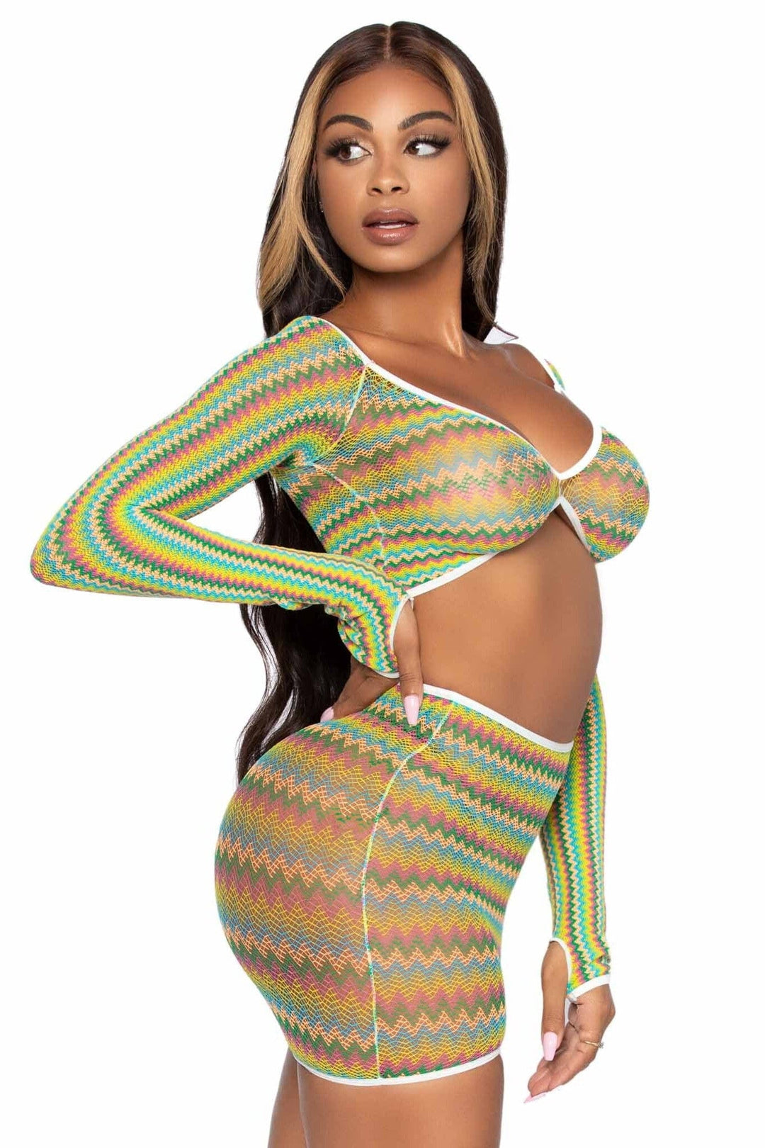 2 Piece Zigzag Net Gauntlet Sleeve Crop Top & Mini Skirt Set-Lingerie Sets-SEXYSHOES.COM