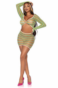 2 Piece Zigzag Net Gauntlet Sleeve Crop Top & Mini Skirt Set-Lingerie Sets-SEXYSHOES.COM