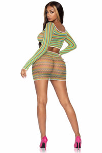 2 Piece Zigzag Net Gauntlet Sleeve Crop Top & Mini Skirt Set-Lingerie Sets-SEXYSHOES.COM