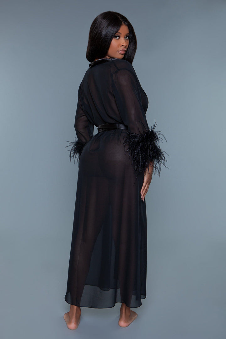 Full-Length Chiffon Robe with Feather Trim-Gowns + Robes-SEXYSHOES.COM