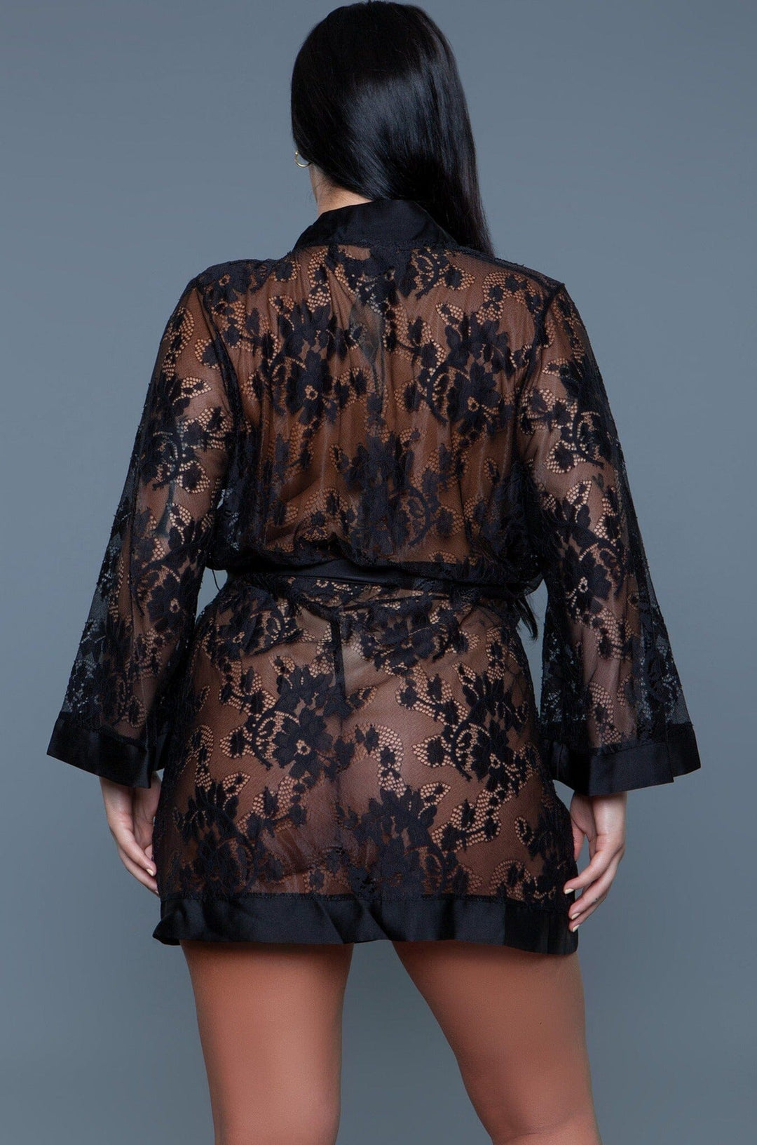 BeWicked Floral Lace robe with Satin Trim in Black 