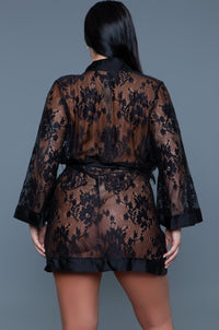 BeWicked Floral Lace robe with Satin Trim in Black 
