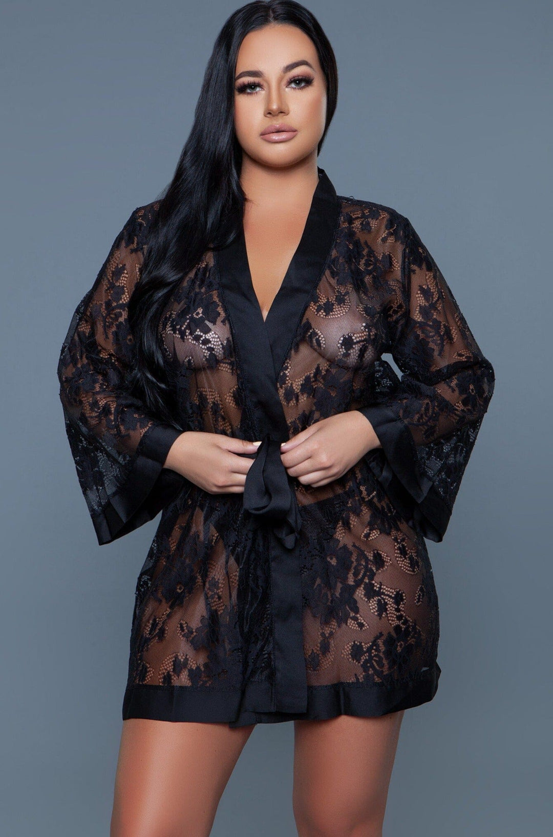 BeWicked Floral Lace robe with Satin Trim in Black  from SexyShoes.com