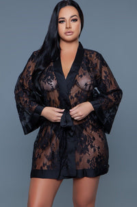 BeWicked Floral Lace robe with Satin Trim in Black  from SexyShoes.com