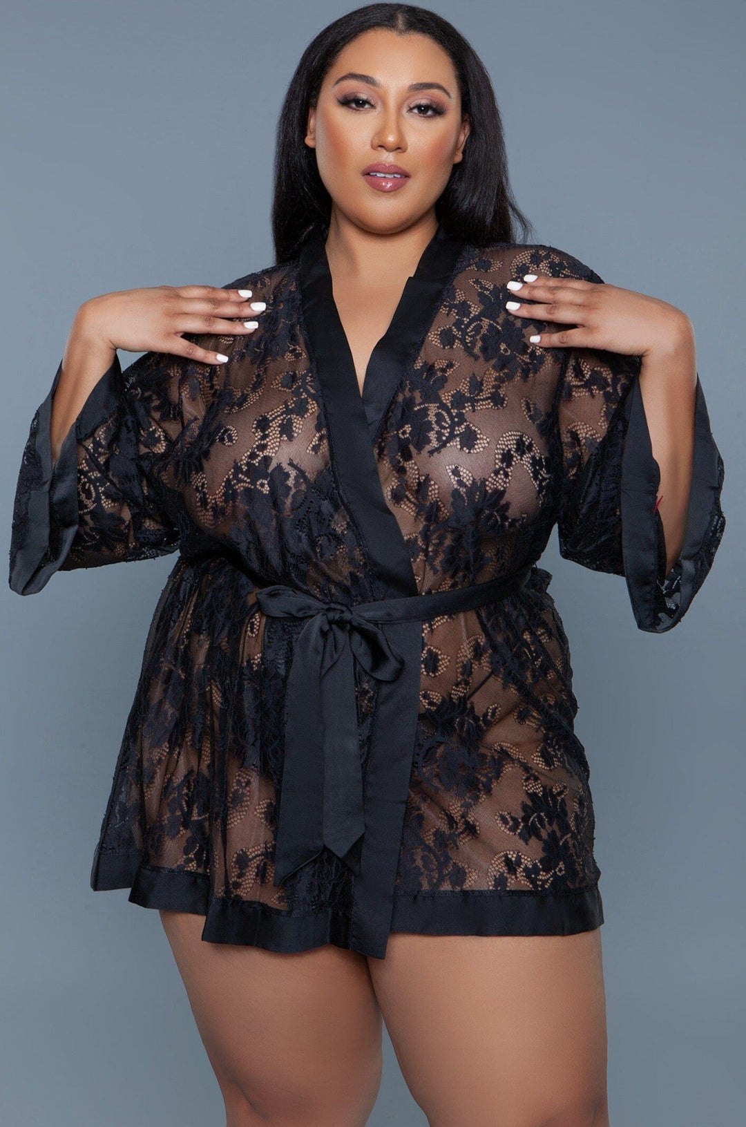 BeWicked Floral Lace robe with Satin Trim in Black 