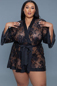 BeWicked Floral Lace robe with Satin Trim in Black 