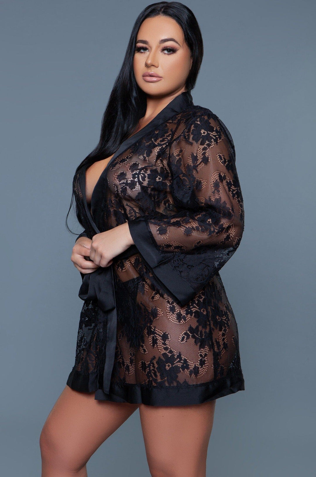 BeWicked Floral Lace robe with Satin Trim in Black 