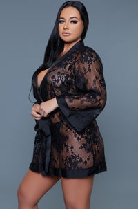 BeWicked Floral Lace robe with Satin Trim in Black 